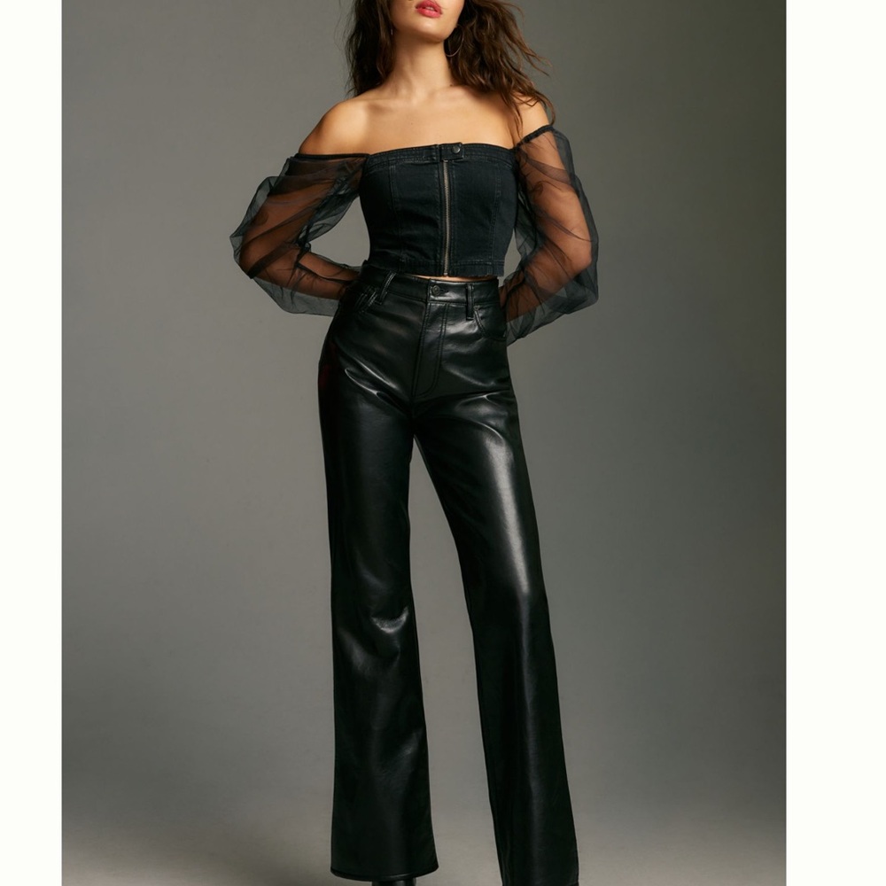 Anthropologie Puff-Sleeve Off-The-Shoulder Moto Blouse by Pilcro Small Black NWT - Picture 4 of 13